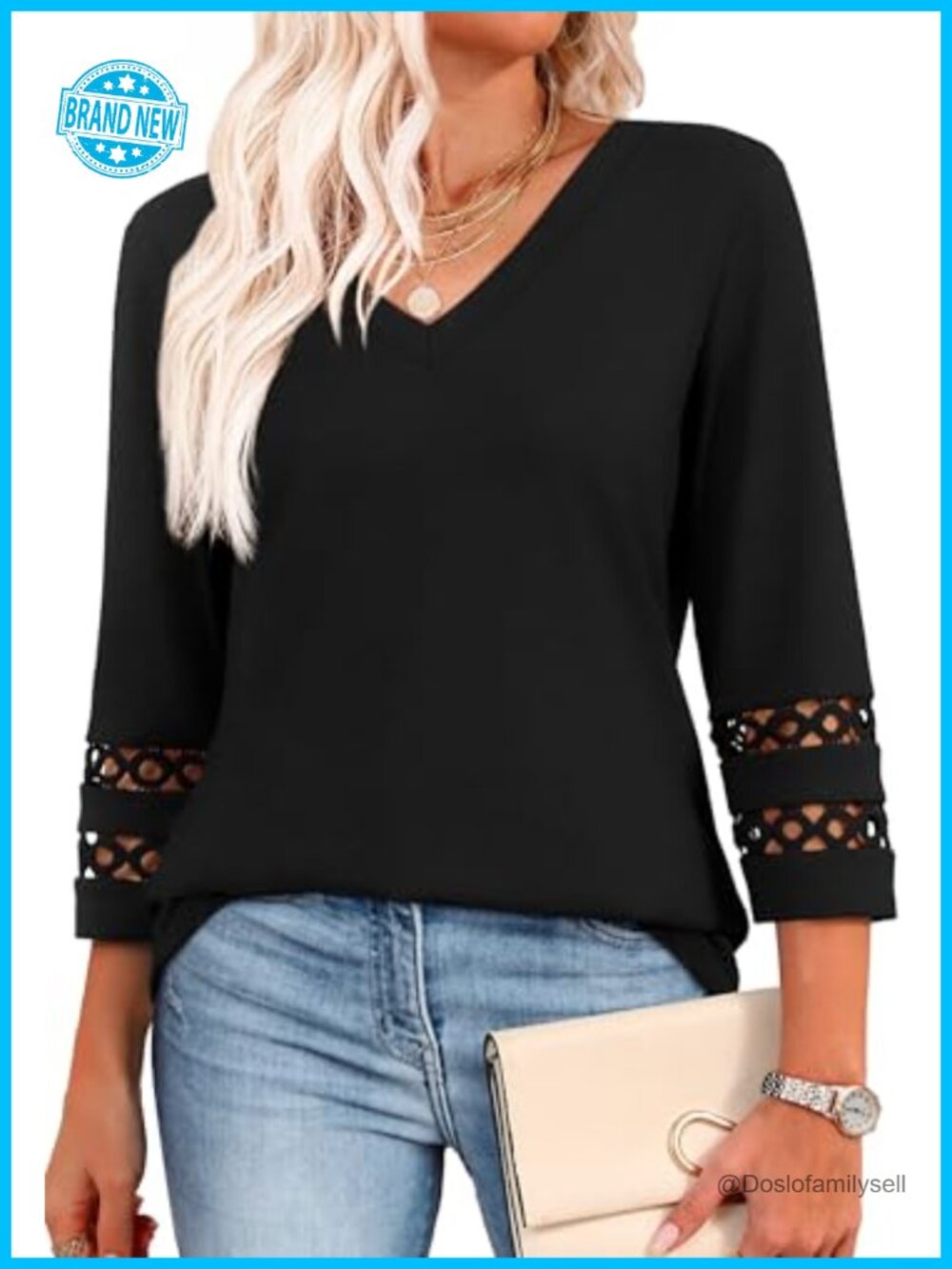 Lace Sleeve 3/4 Sleeve V Neck Blouse Top Dressy Casual Tunic